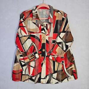 Multiples Abstract Geometric Mesh Blouse M Red Black Art to Wear Boho